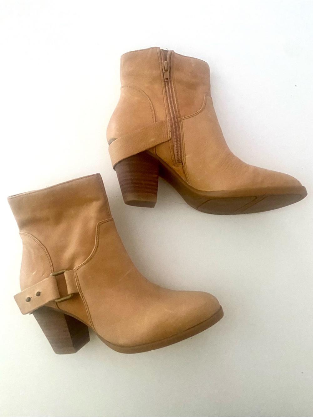Nine West "Herewegoo" Tan Leather Zip Heel Western High Ankle Boots